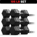 ROALW 105 lb Rubber Hex Dumbbell Set, Free Weight Set with 5 Pairs (15, 17.5, 20 lb) Hand Weights for Strength Training, Home Gym Workout