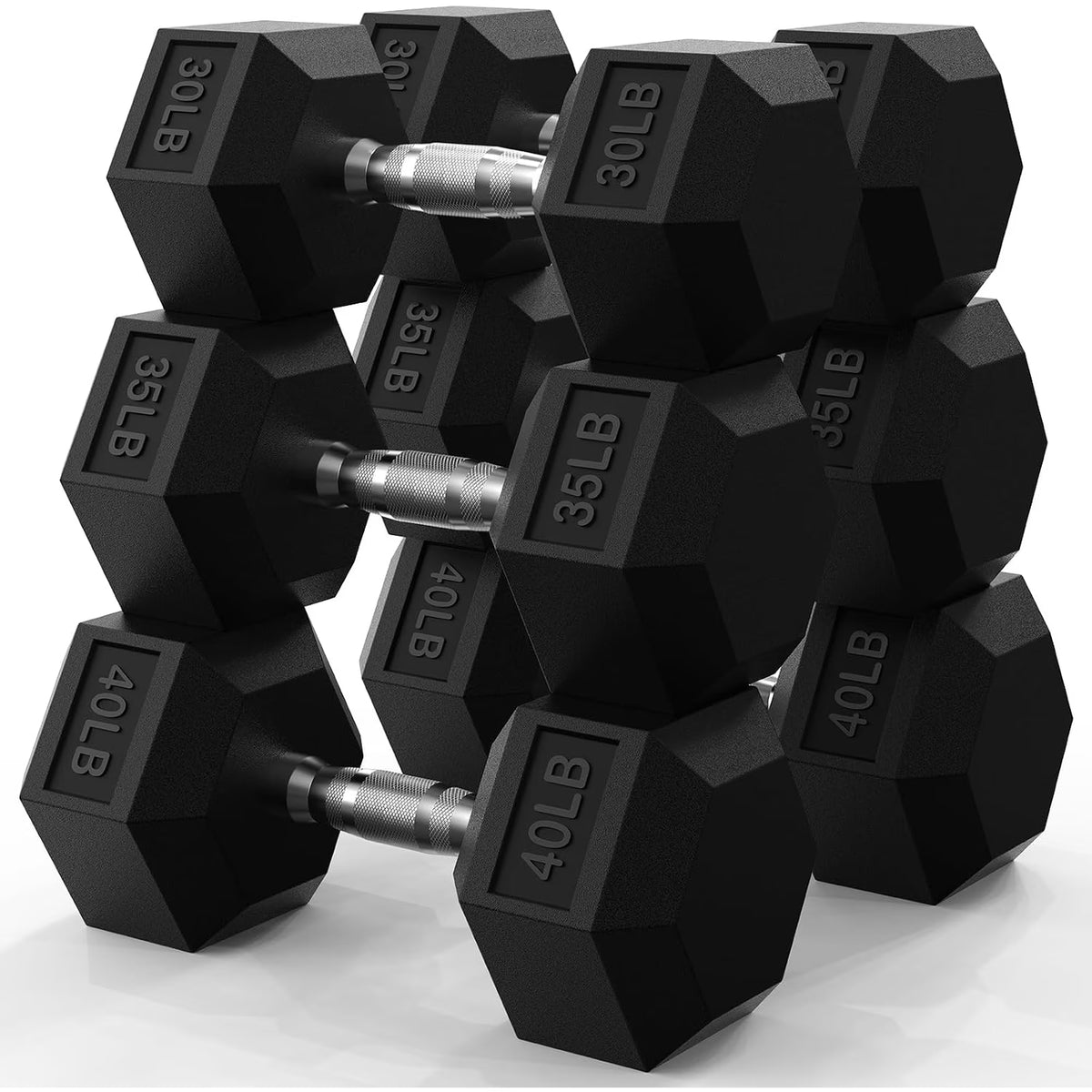 ROALW 210 lb Rubber Hex Dumbbell Set, Free Weight Set with 3 Pairs (30, 35, 40 lb) Hand Weights for Strength Training, Home Gym Workout
