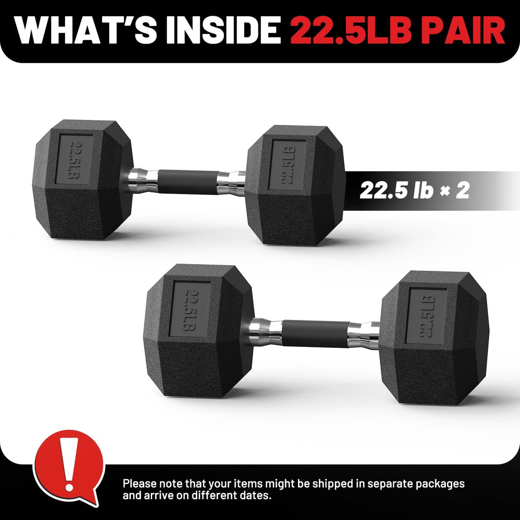 ROALW 22.5 lb Hex Dumbbells Pair Odorless Rubber Coated Home Gym Weights