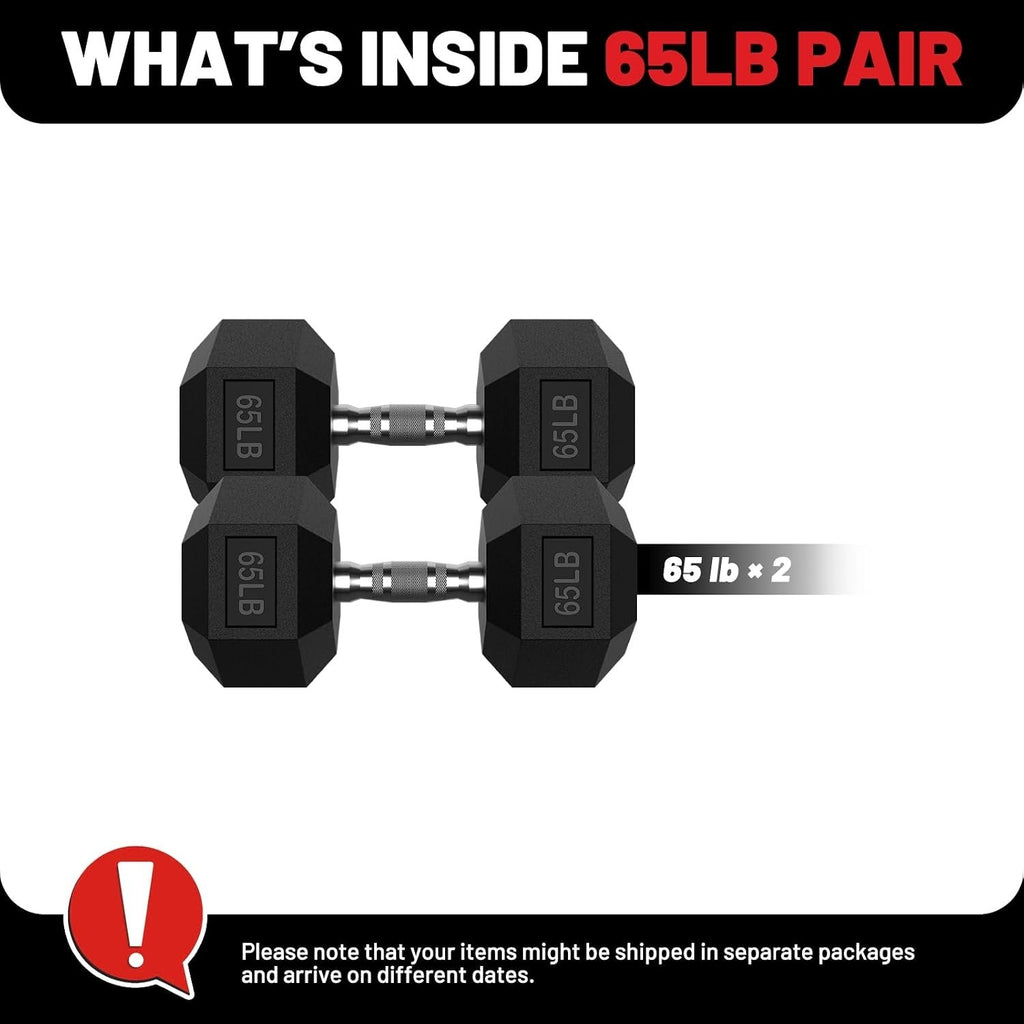 ROALW 65 lb Hex Dumbbell Pair, Rubber Encased Home Gym Weights