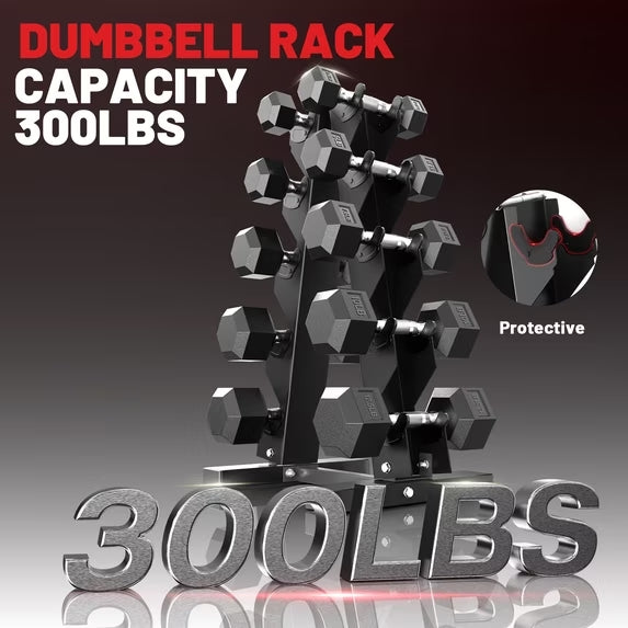 ROALW 5-Tier A-Frame Dumbbell Rack, 300 LB Capacity Heavy Duty 3-in-1 Gym Organizer with Olympic Bar Holder & Landmine (Rack Only)