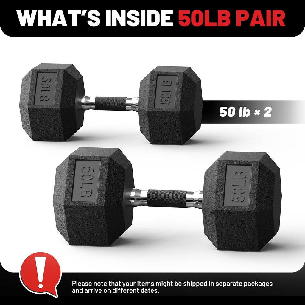 ROALW 50 lb Hex Dumbbells Pair Odorless Rubber Coated Home Gym Weights