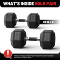ROALW 50 lb Hex Dumbbells Pair Odorless Rubber Coated Home Gym Weights