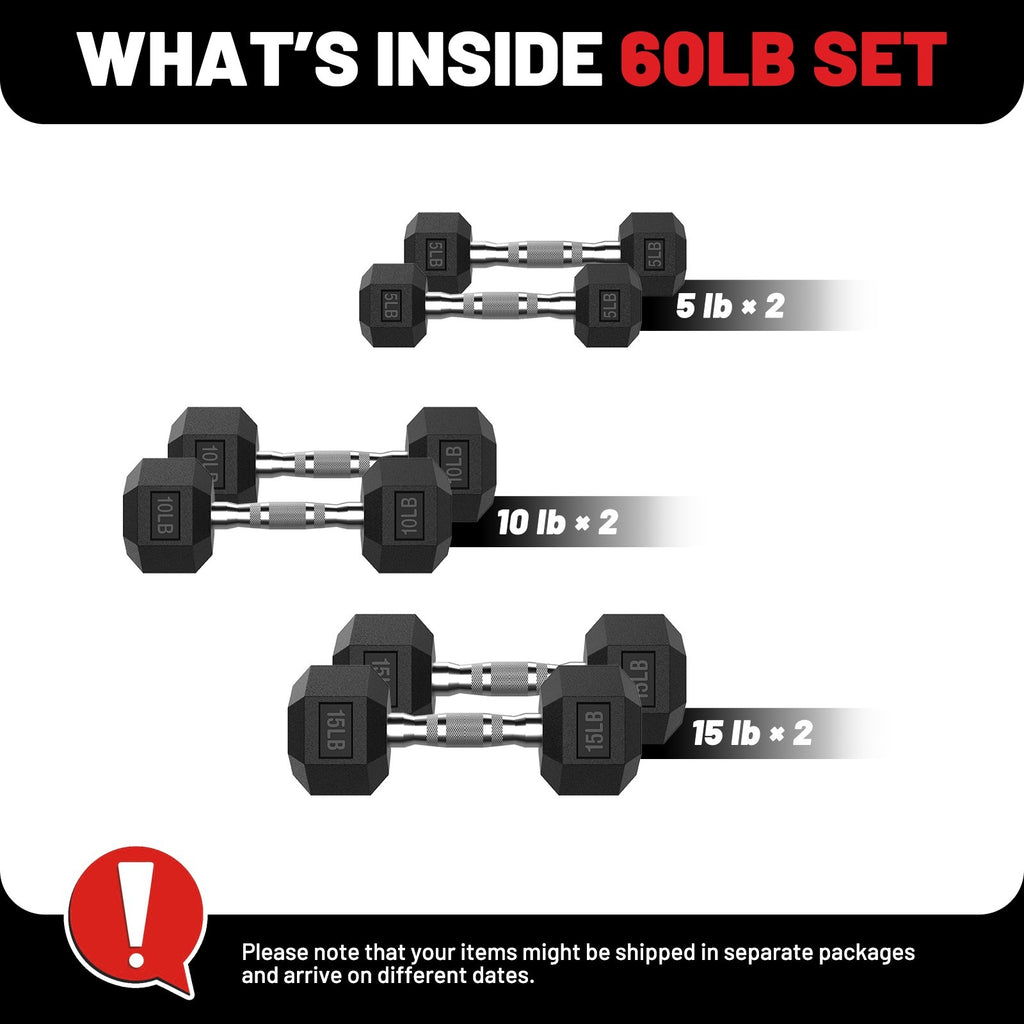 ROALW 60 LB Rubber Hex Dumbbell Set (5-15 LB Pairs), Home Gym