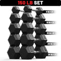 ROALW 150 LB Rubber Hex Dumbbell Set (5-25 LB Pairs), Home Gym