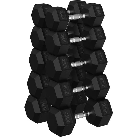 ROALW 350 lb Rubber Hex Dumbbell Set, Free Weight Set with 5 Pairs (25, 30, 35, 40, 45 lb) Hand Weights for Strength Training, Home Gym Workout