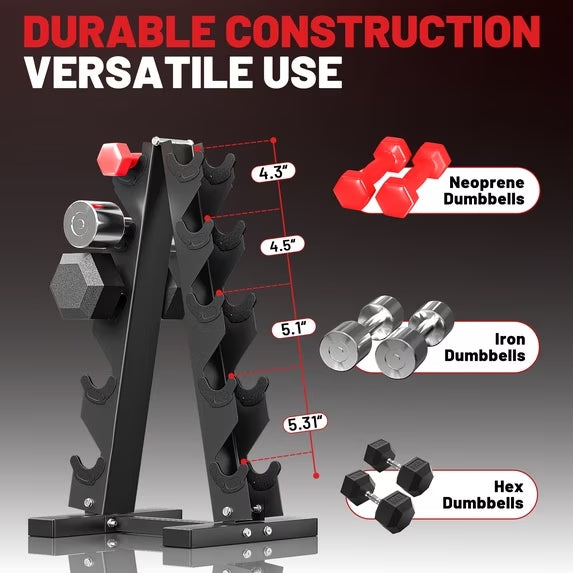 ROALW 5-Tier A-Frame Dumbbell Rack, 300 LB Capacity Heavy Duty 3-in-1 Gym Organizer with Olympic Bar Holder & Landmine (Rack Only)