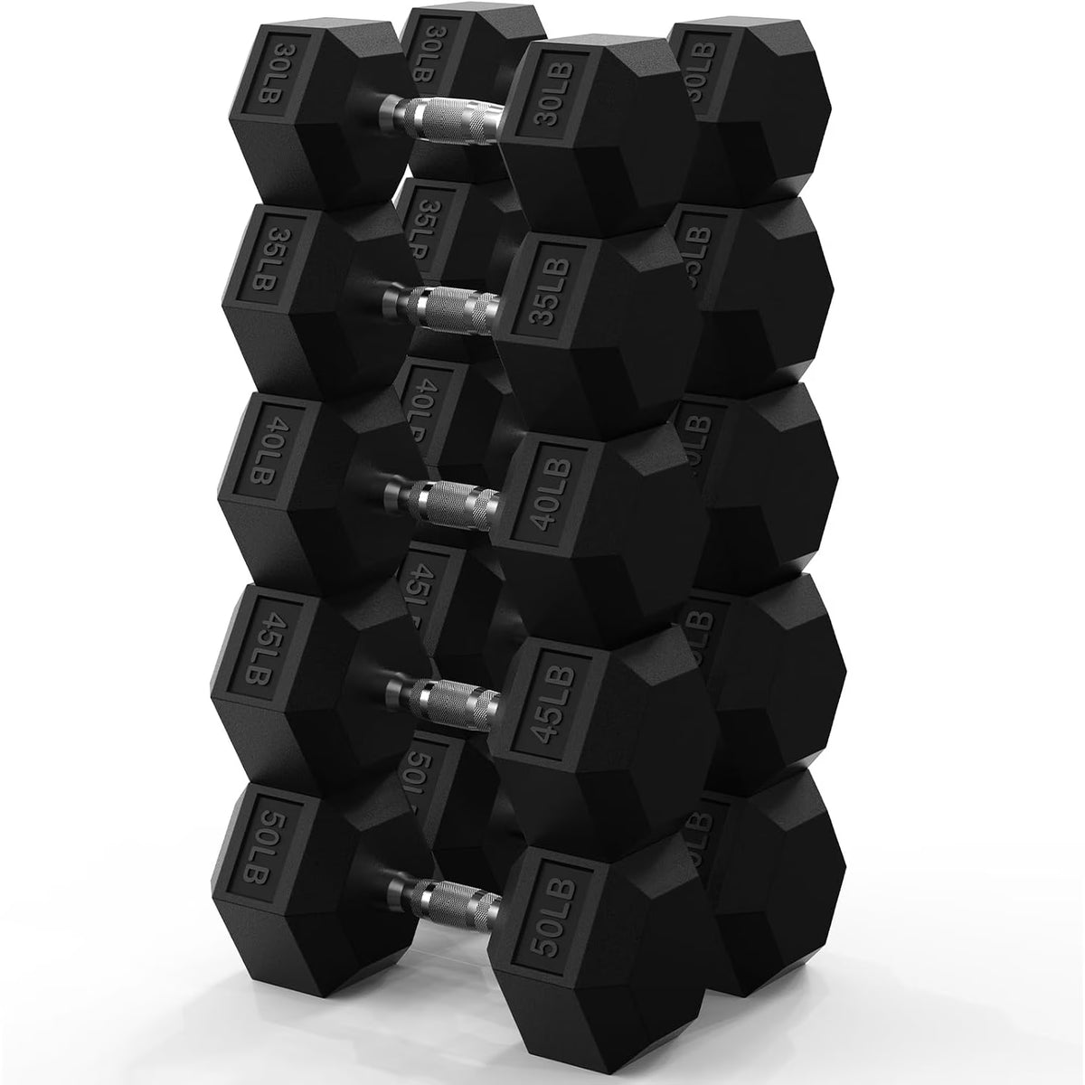 ROALW 400 lb Rubber Hex Dumbbell Set, Free Weight Set with 5 Pairs (30, 35, 40, 45, 50 lb) Hand Weights for Strength Training, Home Gym Workout