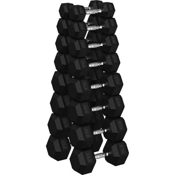 ROALW 480 lb Rubber Hex Dumbbell Set, Free Weight Set with 8 Pairs (10, 15, 20, 25, 35, 40, 45, 50 lb) Hand Weights for Strength Training, Home Gym Workout