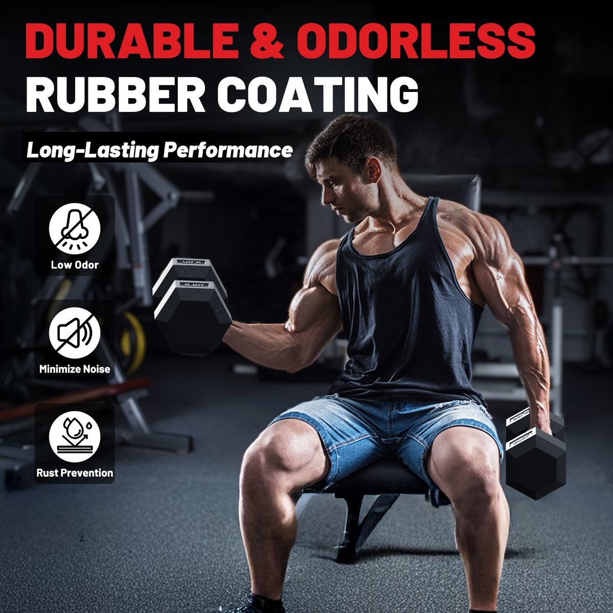 ROALW 30 lb Rubber Hex Dumbbell Set, Free Weight Set with 2 Pairs (5, 10 lb) Hand Weights for Strength Training, Home Gym