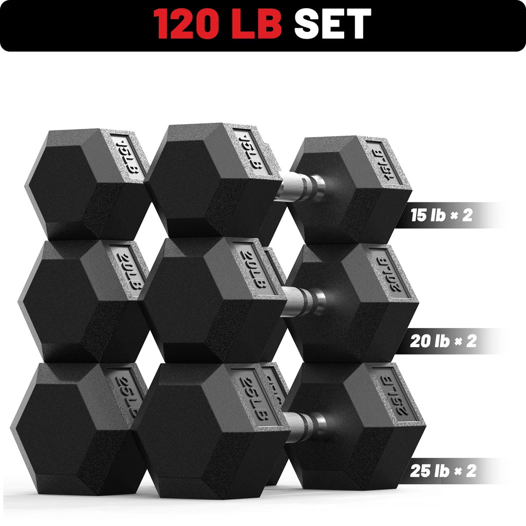 ROALW 120 lb Rubber Hex Dumbbell Set, Free Weight Set with 3 Pairs (15, 20, 25 lb) Hand Weights for Strength Training, Home Gym Workout
