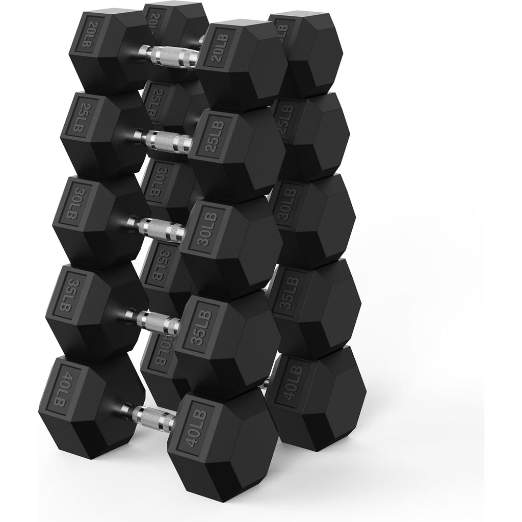 ROALW 300 lb Rubber Hex Dumbbell Set, Free Weight Set with 5 Pairs (20, 25, 30, 35, 40 lb) Hand Weights for Strength Training, Home Gym Workout