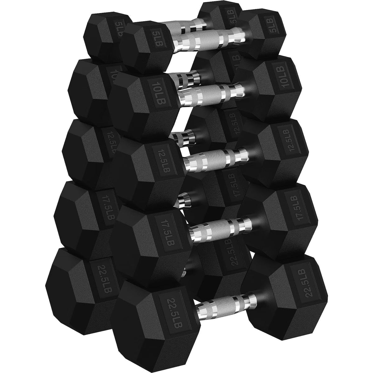 ROALW 135 lb Rubber Hex Dumbbell Set, Free Weight Set with 5 Pairs (5, 10, 12.5, 17.5, 22.5 lb) Hand Weights for Strength Training, Home Gym