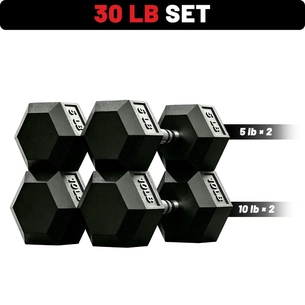 ROALW 30 lb Rubber Hex Dumbbell Set, Free Weight Set with 2 Pairs (5, 10 lb) Hand Weights for Strength Training, Home Gym