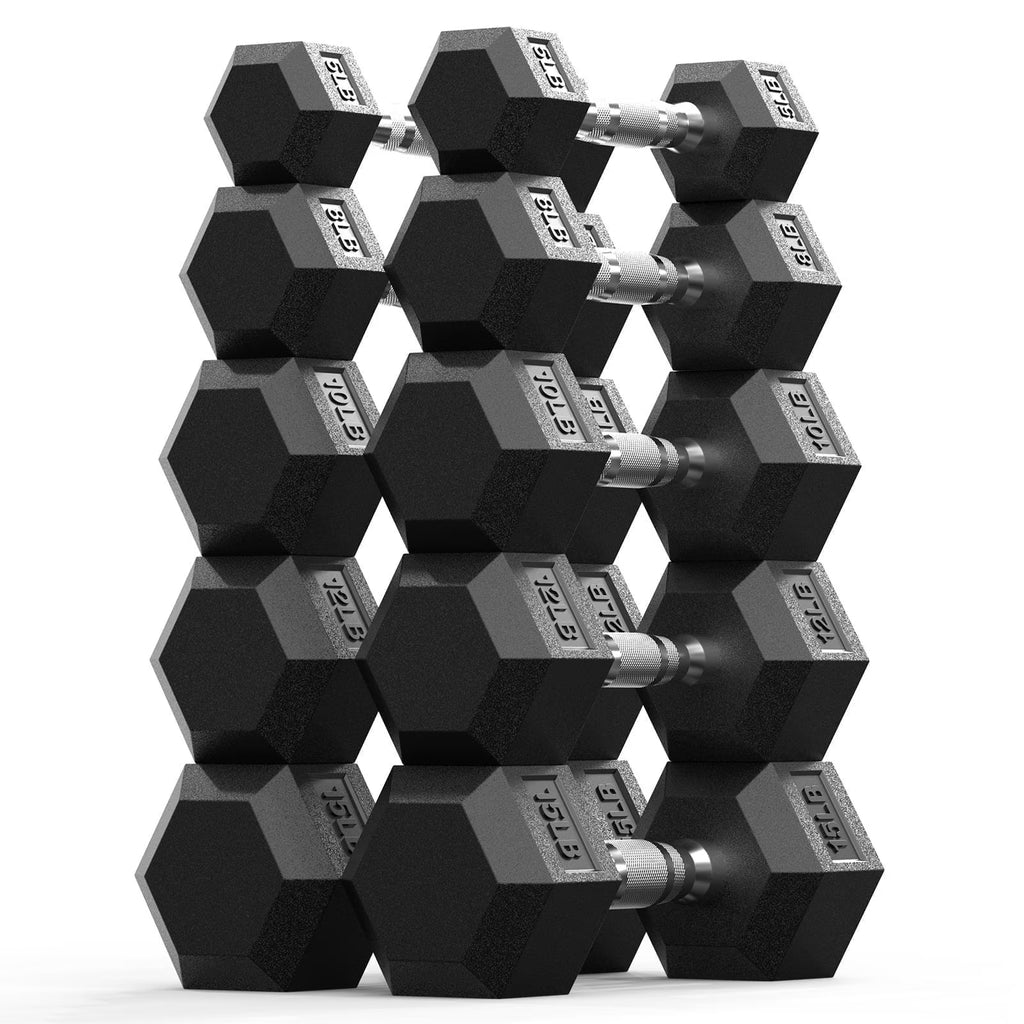 ROALW 100 LB Rubber Hex Dumbbell Set (5-15 LB Pairs), Home Gym