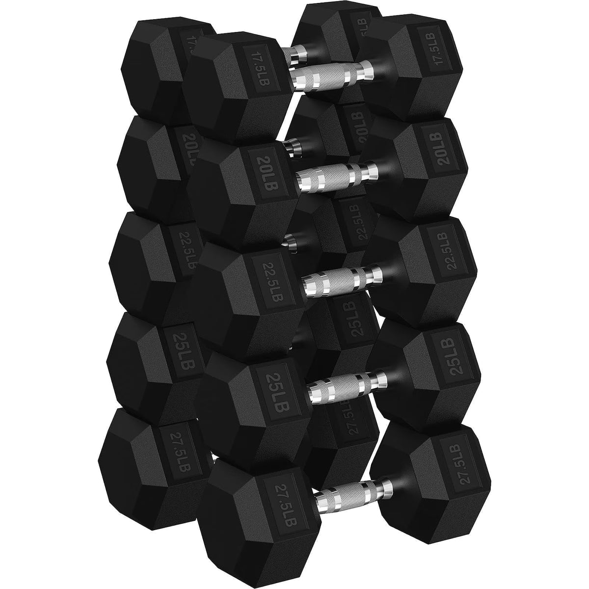 ROALW 225 lb Rubber Hex Dumbbell Set, Free Weight Set with 5 Pairs (17.5, 20, 22.5, 25, 27.5 lb) Hand Weights for Strength Training, Home Gym