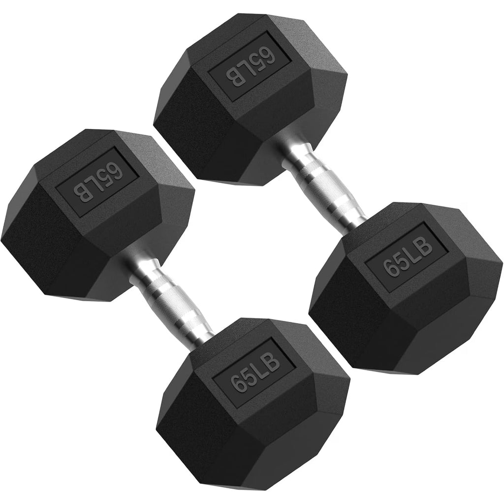 ROALW 65 lb Hex Dumbbell Pair, Rubber Encased Home Gym Weights