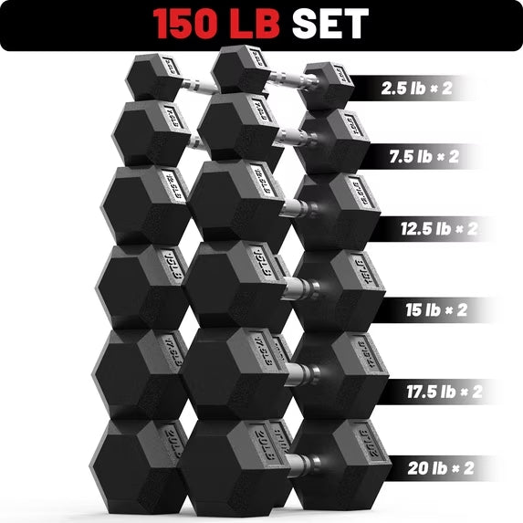 ROALW 150 lb Rubber Hex Dumbbell Set (2.5-20 lb Pairs), Home Gym