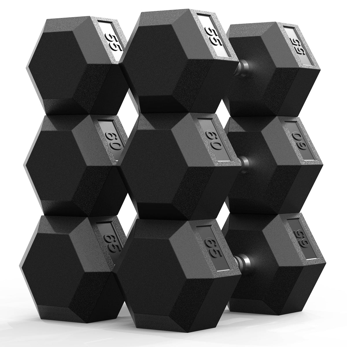 ROALW 360 lb Rubber Hex Dumbbell Set, Free Weight Set with 3 Pairs (55, 60, 65 lb) Hand Weights for Strength Training, Home Gym Workout