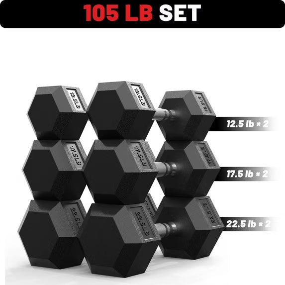 ROALW 105 lb Rubber Hex Dumbbell Set (12.5-22.5 lb Pairs), Home Gym