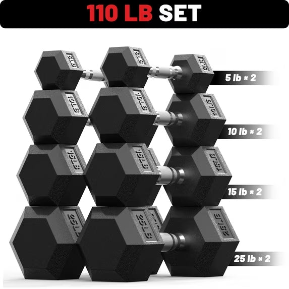 ROALW 110 lb Rubber Hex Dumbbell Set, Free Weight Set with 4 Pairs (5, 10, 15, 25 lb) Hand Weights for Strength Training, Home Gym