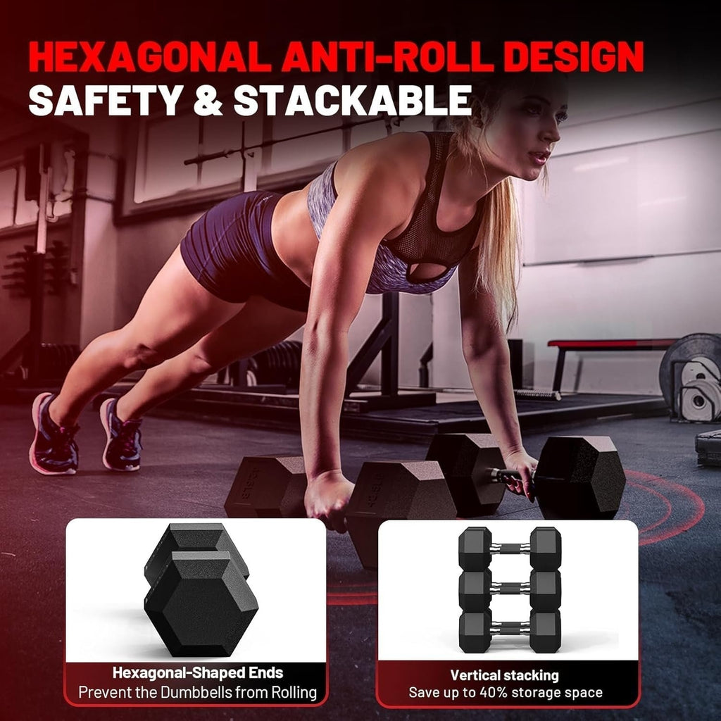 ROALW 540 lb Rubber Hex Dumbbell Set with Rack(9 Pairs, 10-50 lb), Home Gym