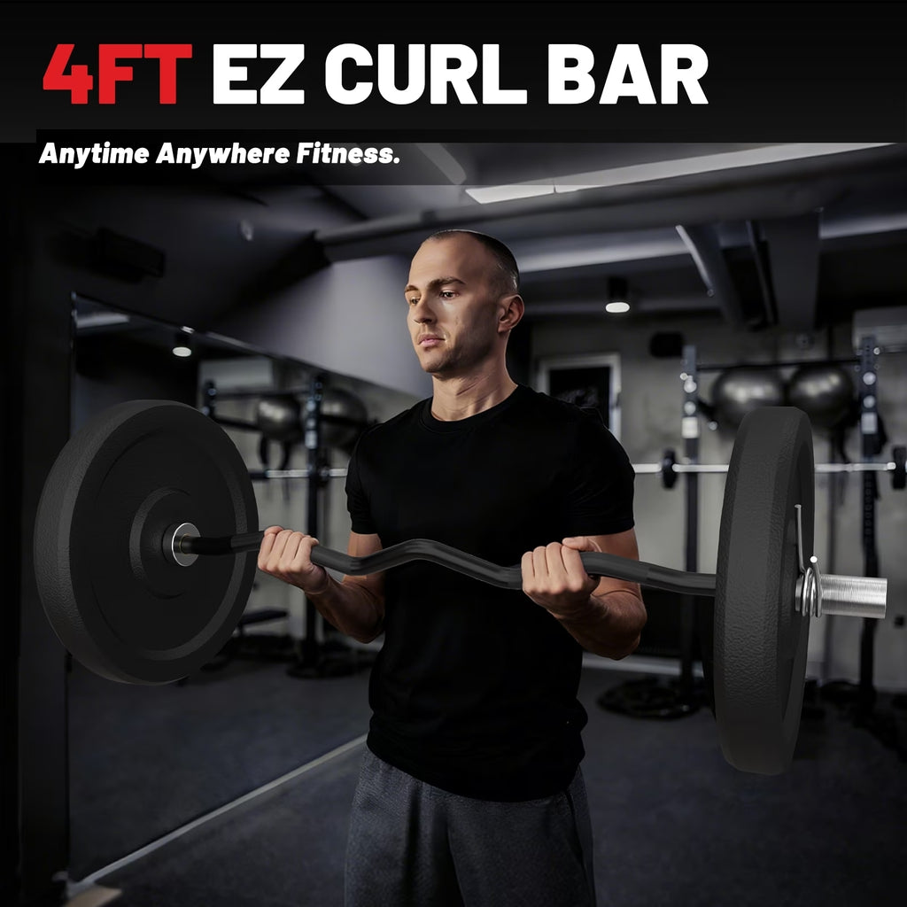 ROALW 47-Inch EZ Curl Bar, Olympic Barbell for Bicep & Tricep Workouts - 500 LB Capacity, Compatible with 2-Inch Weight Plates, Ideal for Home Gym Strength Training, Black Silver