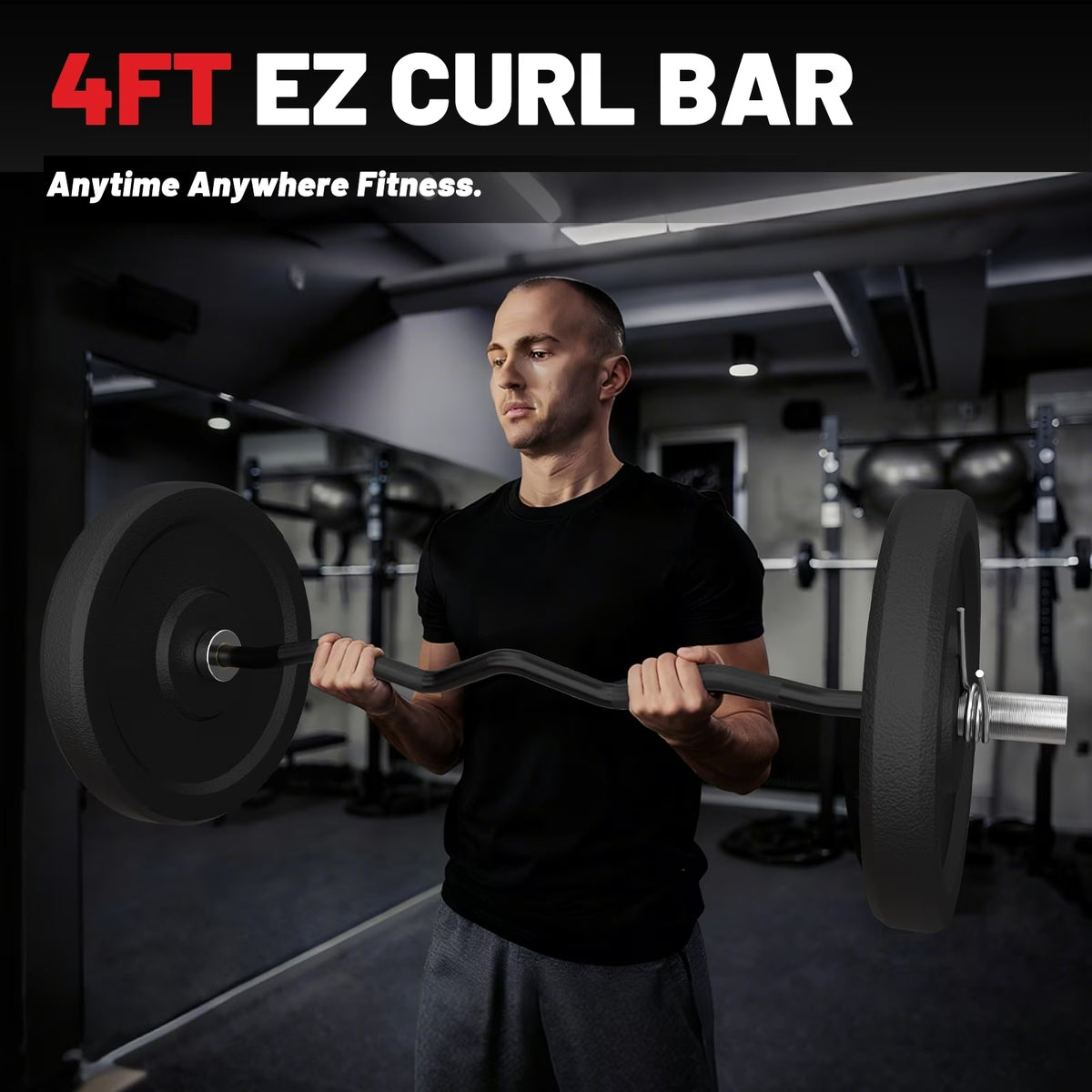 ROALW 47-Inch EZ Curl Bar, Olympic Barbell for Bicep & Tricep Workouts - 500 LB Capacity, Compatible with 2-Inch Weight Plates, Ideal for Home Gym Strength Training, Black Silver