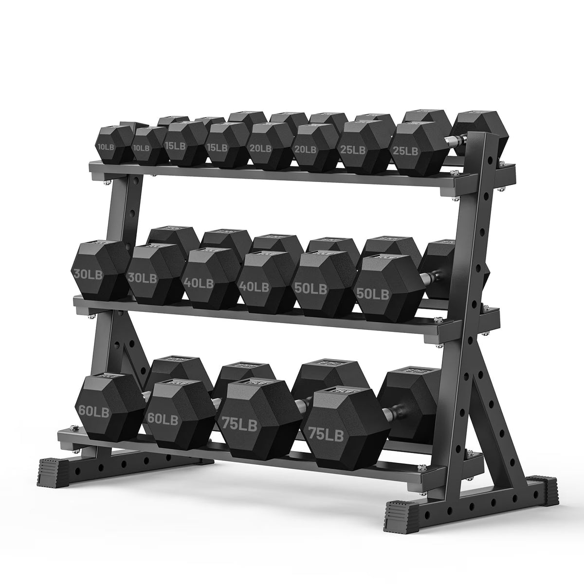 ROALW 650 lb Rubber Hex Dumbbell Set with Rack(9 Pairs, 10-75 lb), Home Gym
