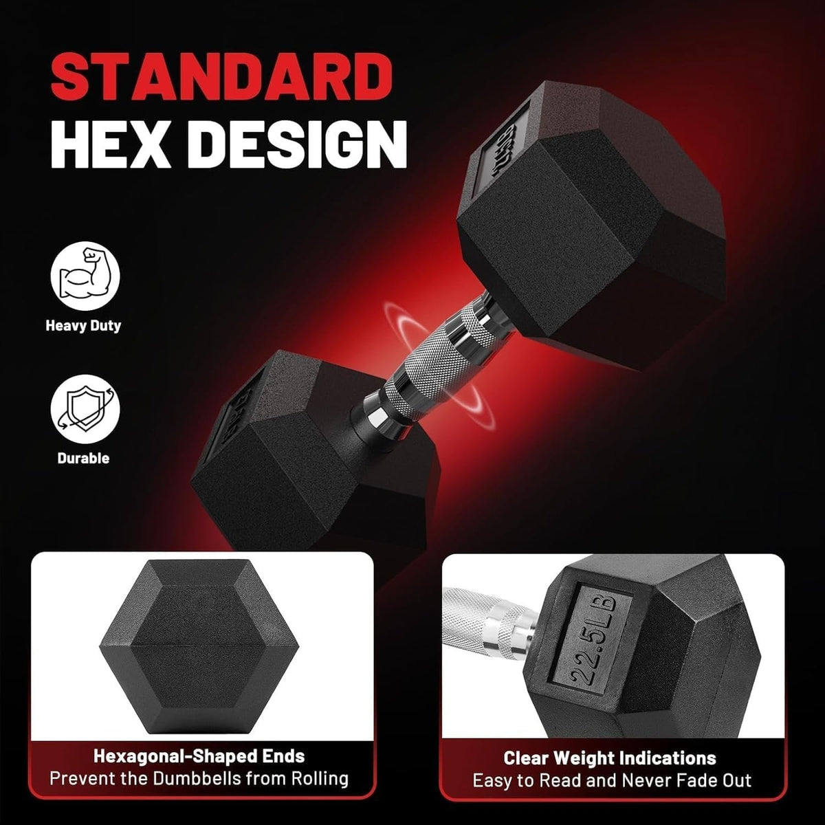 ROALW 450 lb Hex Dumbbell Set with Rack (25/30/35/40/45/50 lb), Home Gym