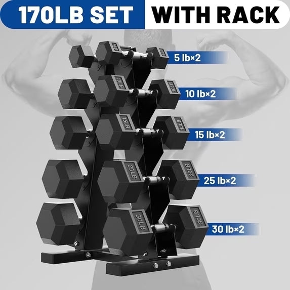 ROALW 170 lb Hex Dumbbell Set with Storage Rack, 5/10/15/25/30 lb Pairs Anti-Roll Cast Iron Free Weights for Home Gy