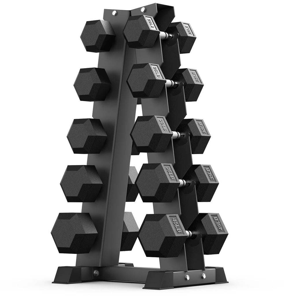 ROALW 310 lb Hex Dumbbell Set with Storage Rack, 20/25/30/35/45 lb Pairs Anti-Roll Cast Iron Free Weights for Home Gym