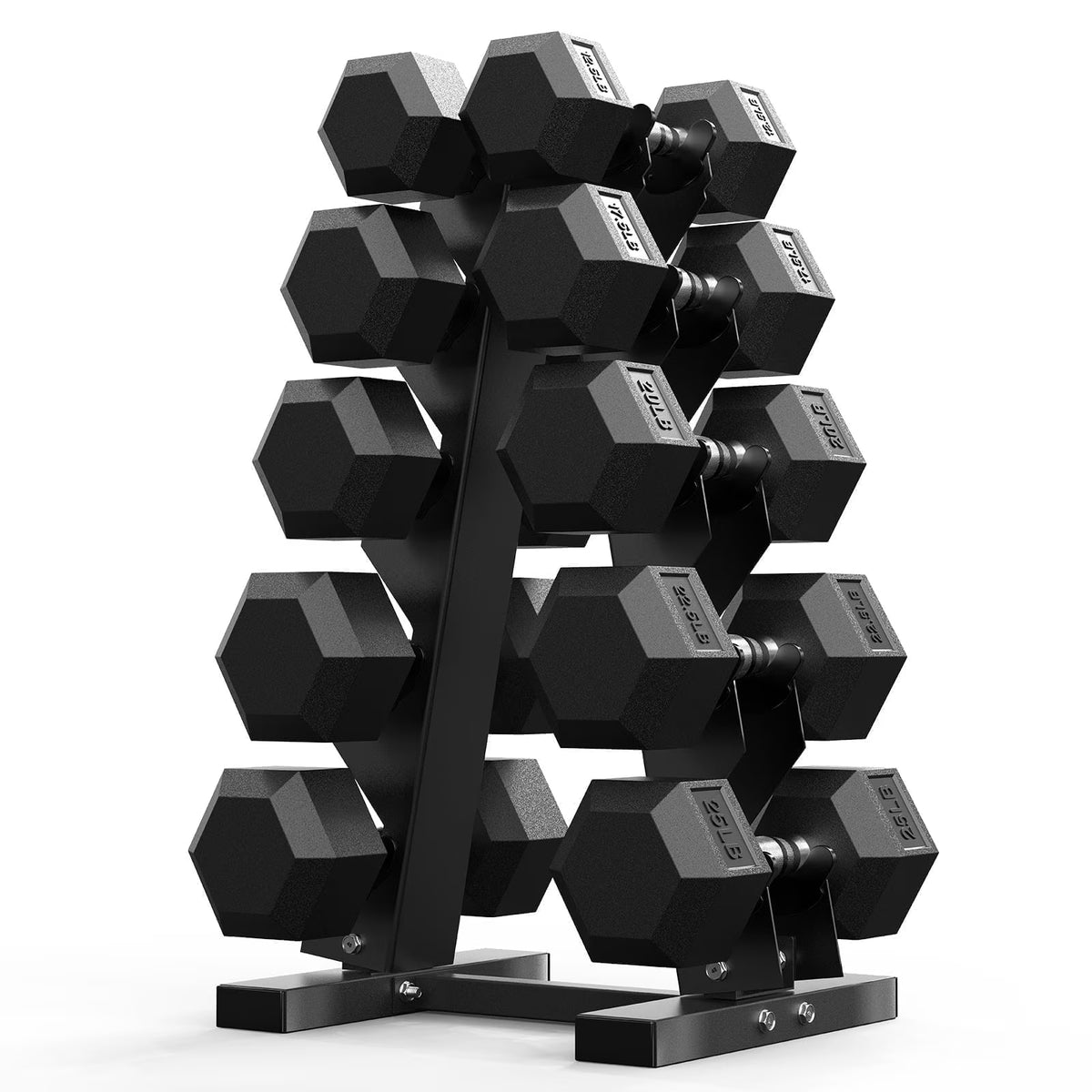ROALW 195 lb Rubber Hex Dumbbell Set with Rack(12.5-25 lb Pairs), Home Gym