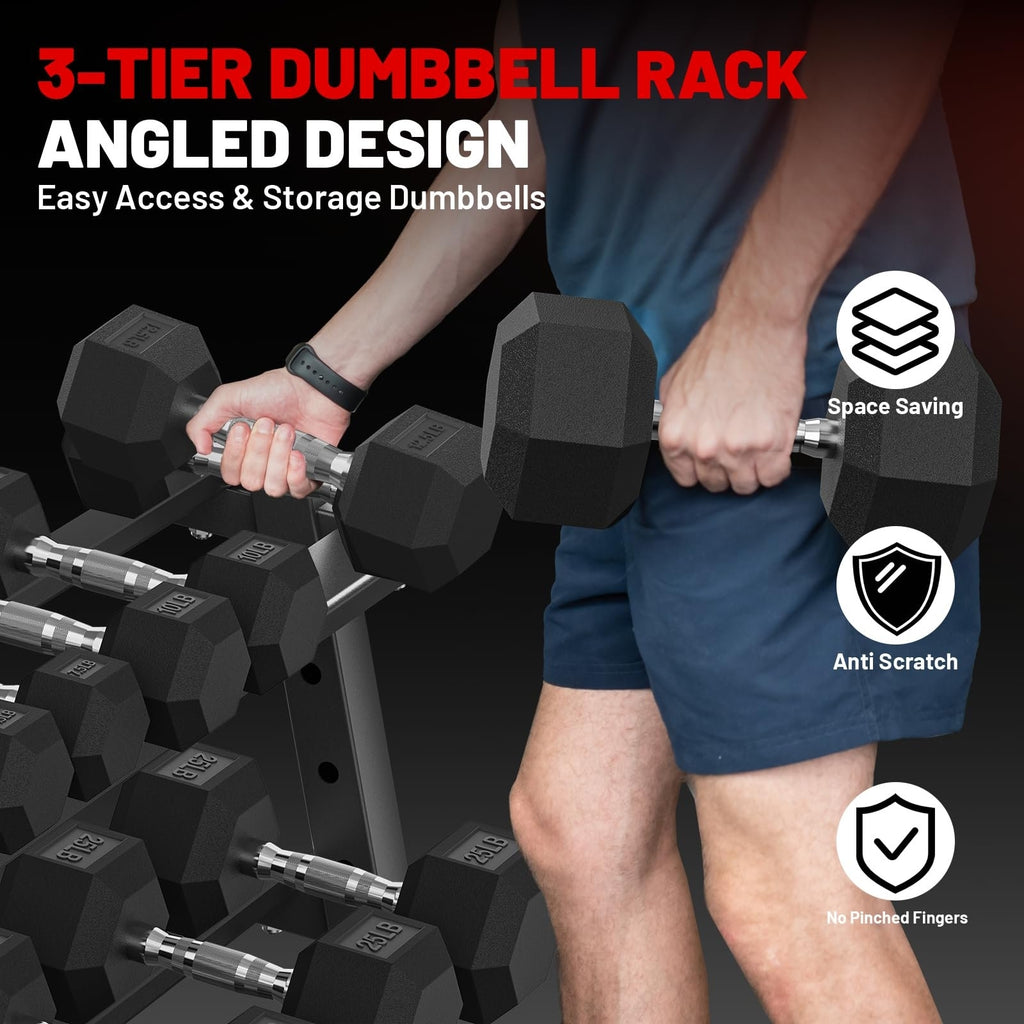 ROALW 390 lb Rubber Hex Dumbbell Set with Rack(12 Pairs, 2.5-30 lb), Home Gym