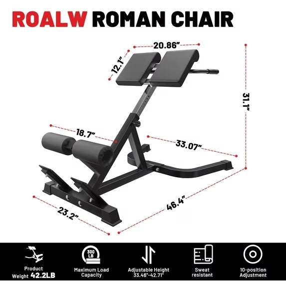 ROALW Roman Chair Hyperextension Bench, 300lb Capacity, Home Gym
