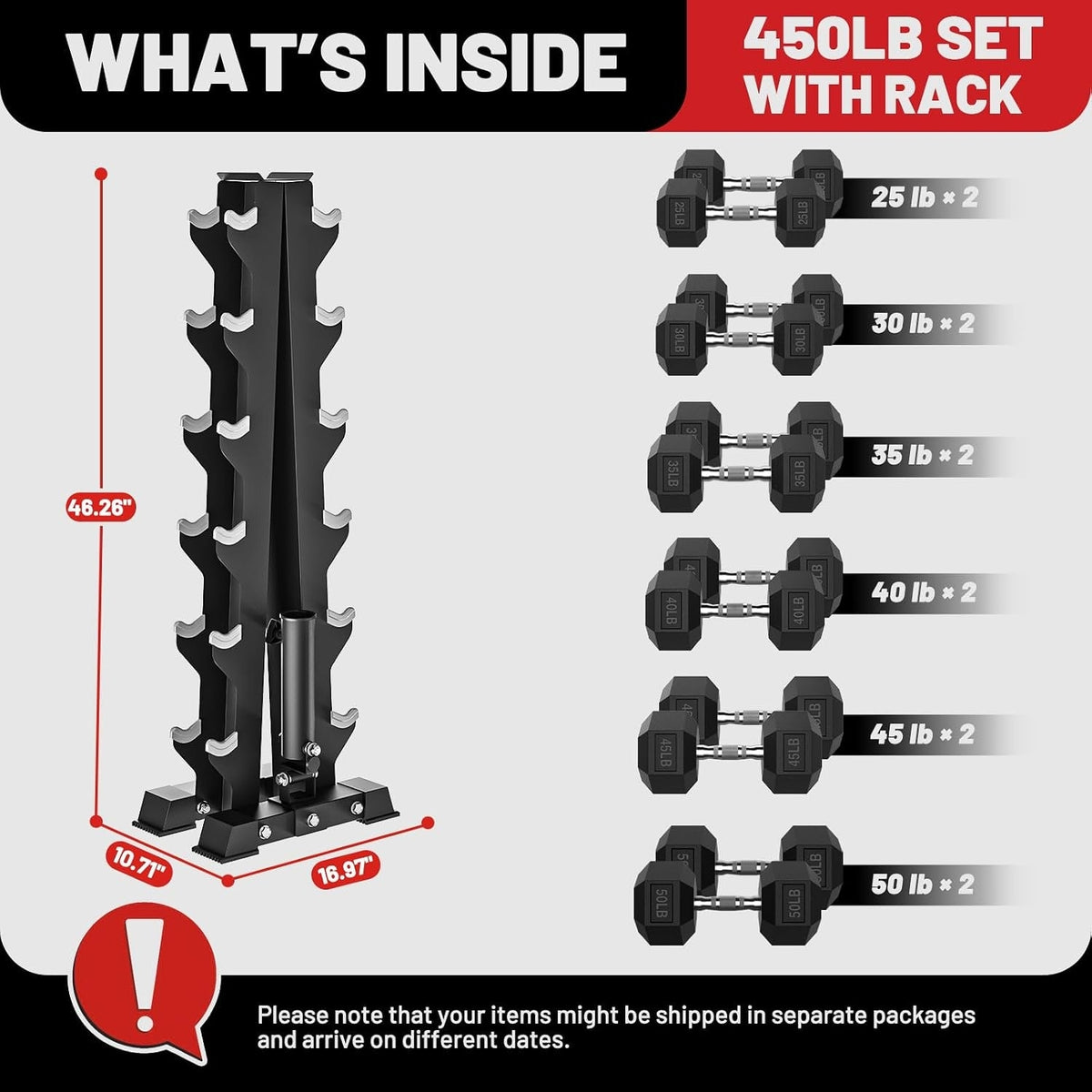 ROALW 450 lb Hex Dumbbell Set with Rack (25/30/35/40/45/50 lb), Home Gym