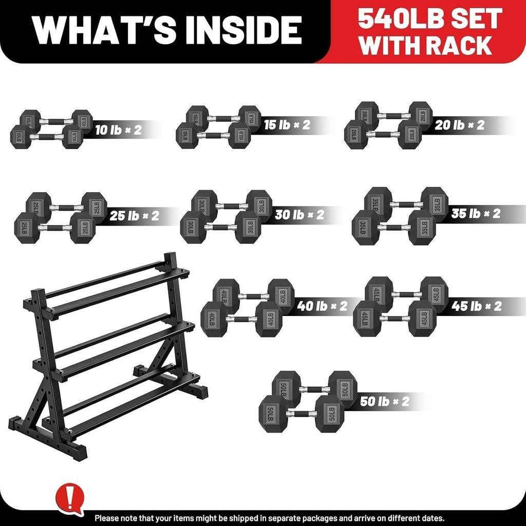 ROALW 540 lb Rubber Hex Dumbbell Set with Rack(9 Pairs, 10-50 lb), Home Gym