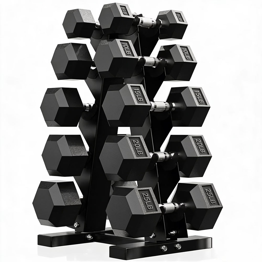 ROALW 156LB Rubber Coated Hex Dumbbell Set with Rack, 8-25LB Pairs Home Gym