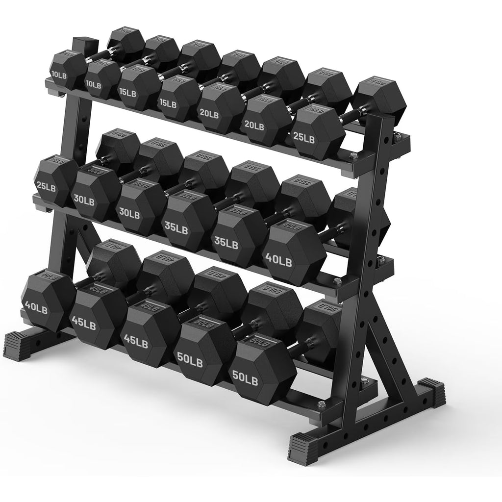 ROALW 540 lb Rubber Hex Dumbbell Set with Rack(9 Pairs, 10-50 lb), Home Gym
