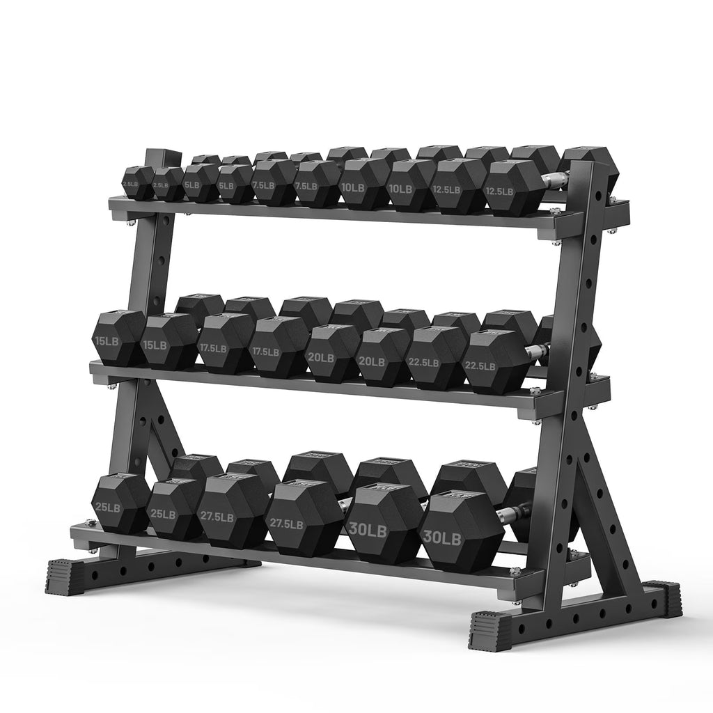 ROALW 390 lb Rubber Hex Dumbbell Set with Rack(12 Pairs, 2.5-30 lb), Home Gym