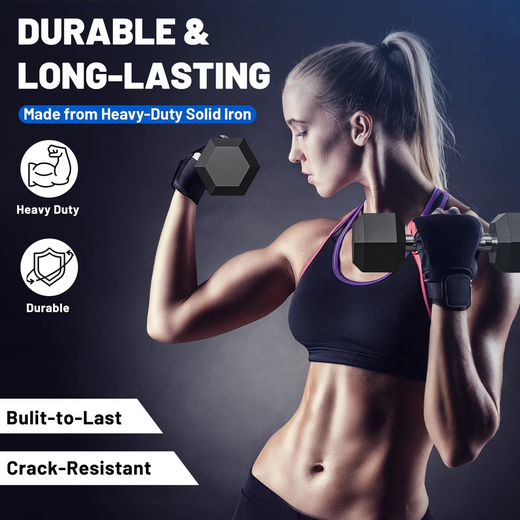 ROALW 230 lb Rubber Hex Dumbbell Set with Rack(10-35 lb Pairs), Home Gym