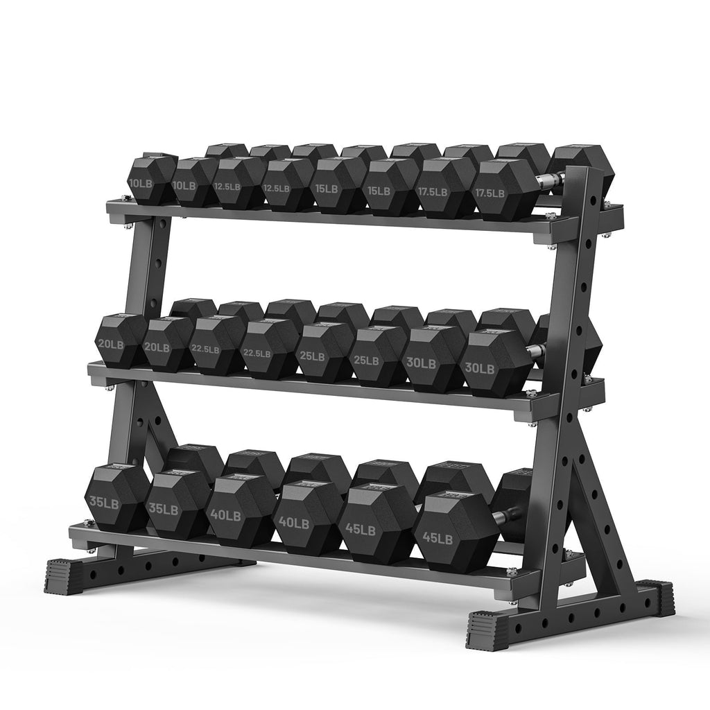 ROALW 360 lb Rubber Hex Dumbbell Set with Rack(7 Pairs, 5-50 lb), Home Gym