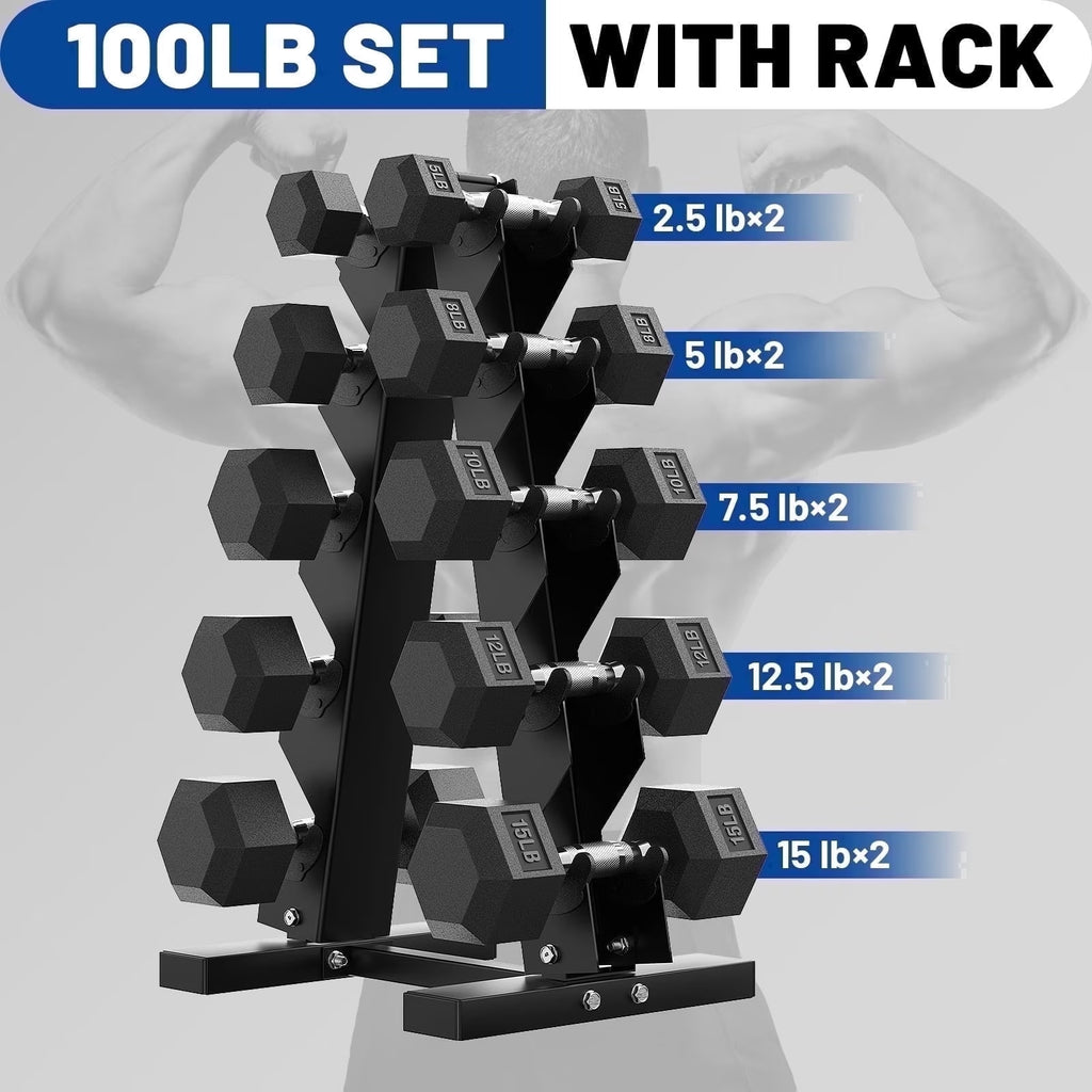 ROALW 100 lb Rubber Hex Dumbbell Set with Rack(5-15 lb Pairs), Home Gym