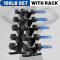 ROALW 100 lb Rubber Hex Dumbbell Set with Rack(5-15 lb Pairs), Home Gym