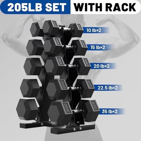 ROALW 205 lb Rubber Hex Dumbbell Set with Rack(10-35 lb Pairs), Home Gym