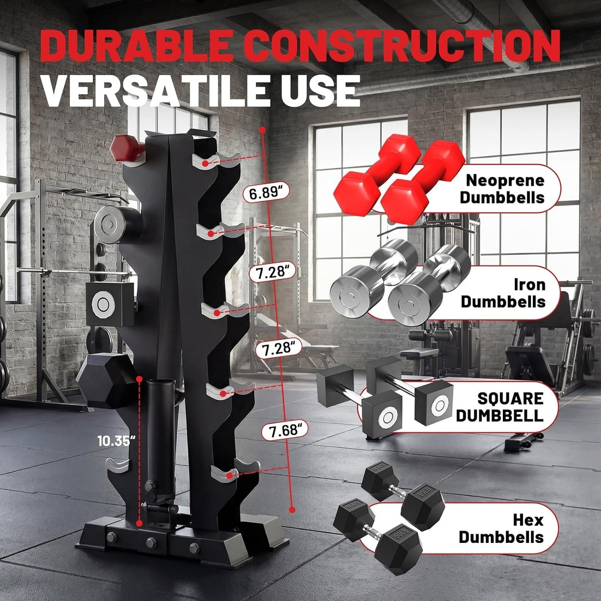 ROALW 450 lb Hex Dumbbell Set with Rack (35/40/45/50/55 lb), Home Gym