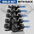 ROALW 180 lb Hex Dumbbell Set with Storage Rack, 5/10/15/25/35 lb Pairs Anti-Roll Cast Iron Free Weights for Home Gym Strength Training