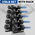 ROALW 210 lb Hex Dumbbell Set with Storage Rack, 10/15/20/25/35 lb Pairs Anti-Roll Cast Iron Free Weights for Home Gym