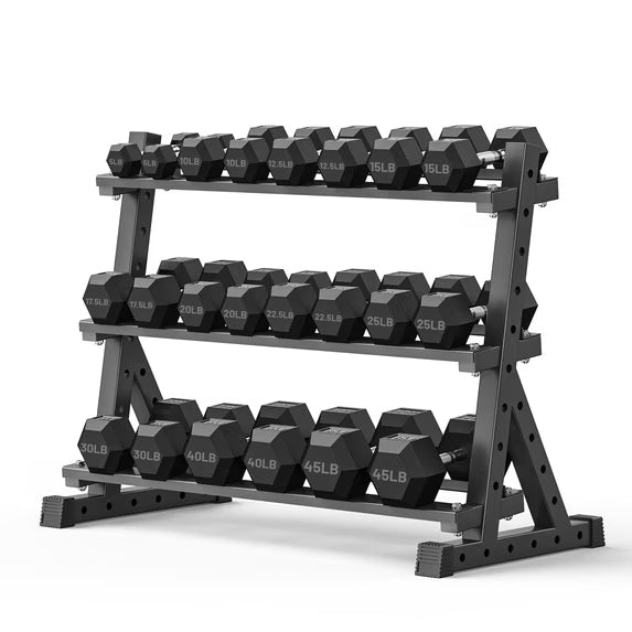 ROALW 485 lb Rubber Hex Dumbbell Set with Rack(11 Pairs, 5-45 lb), Home Gym