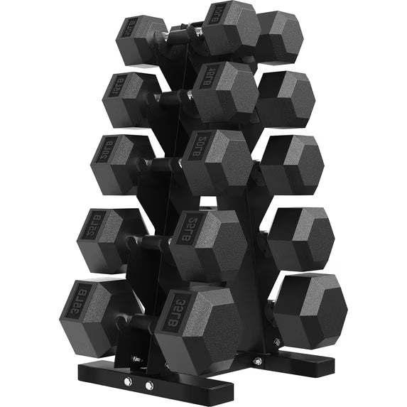 ROALW 210LB Rubber Coated Hex Dumbbell Set w/ Rack, 10-35LB Pairs Home Gym